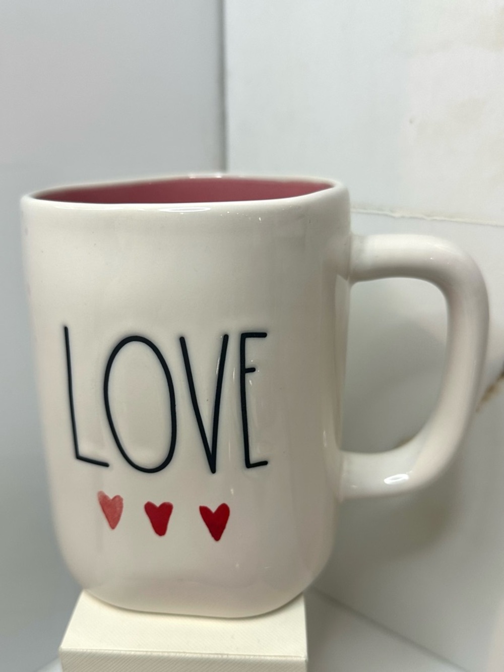 Rae Dunn LOVE Mug Pink Interior Red Hearts Valentine’s Day Coffee/Tea Mug